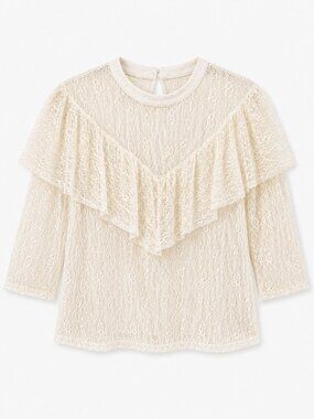 Vintage Cream Lace Ruffle Blouse Sheer Romantic Cottagecore Top
